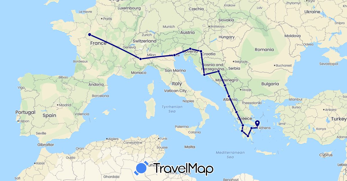 TravelMap itinerary: driving in Albania, Bosnia and Herzegovina, France, Greece, Croatia, Italy, Montenegro, Slovenia (Europe)